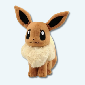 Peluche du Pokémon Evoli. La peluche est brune et a une large fourure blanche au niveau du coup. Evoli a de grandes oreilles pointues.