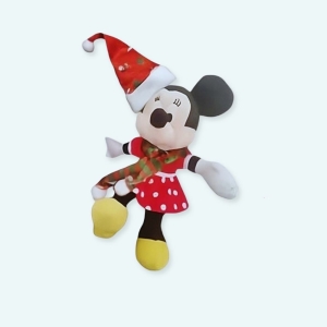 Cette jolie peluche est la petite souris Minnie avec un chapeau de Père Noël et une petite écharpe rayée verte et rouge. Le cadeau de Noël idéal. Minnie Mouse est la parfaite câlineuse des fêtes ! Cette adorable peluche Minnie est parée pour Noël dans sa robe rouge et verte.