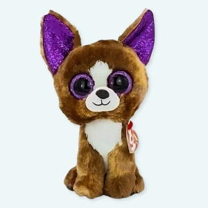 Petite peluche chien marron avec oreilles violet sur fond blanc