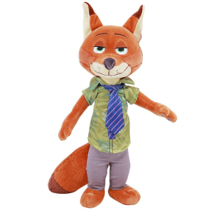Peluche du personnage de Nick , le renard dans zootopia habillé d'un petit costume avec une chemise verte et une cravate bleu