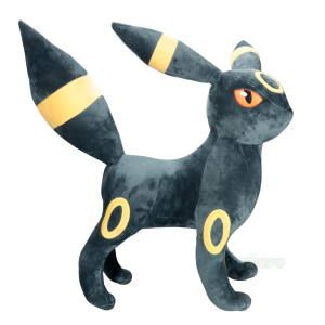 Grande peluche de Umbreon le pokemon qui ressemble à un renard noir avec des rayures et des ronds jaunes sur son pelage