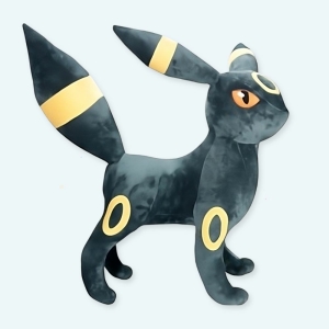 Grande peluche de Umbreon le pokemon qui ressemble à un renard noir avec des rayures et des ronds jaunes sur son pelage