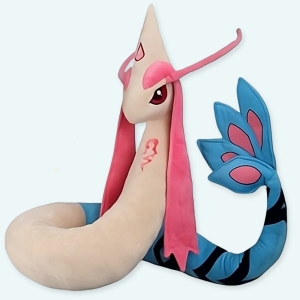 Très grande peluche de pokemon ressemblant à un serpent dont la queue est bleue, le reste du coprt beige et les oreilles et les yeux roses