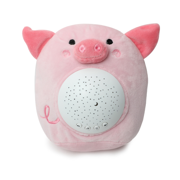 Peluche bruit blanc en forme de cochon rose avec un haut parleur blanc au niveau de son ventre