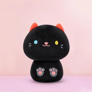 Peluche coussin en forme d'animal mignon chat noir sur fond rose