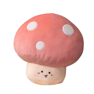 Peluche poupée en forme de champignon qui sourit de couleur rose et beige