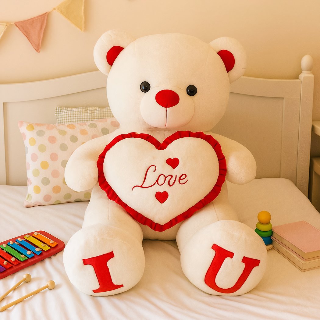 MorisMos Ours en peluche géant avec cœur « I Love You » - XXL - 130 cm - Marron clair - Pour petite amie - Grand ours en peluche doux - Cadeau